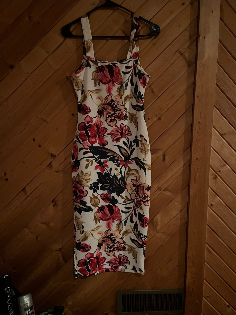 Floral Bodycon Midi Dress - White with Pink & green Floral Print